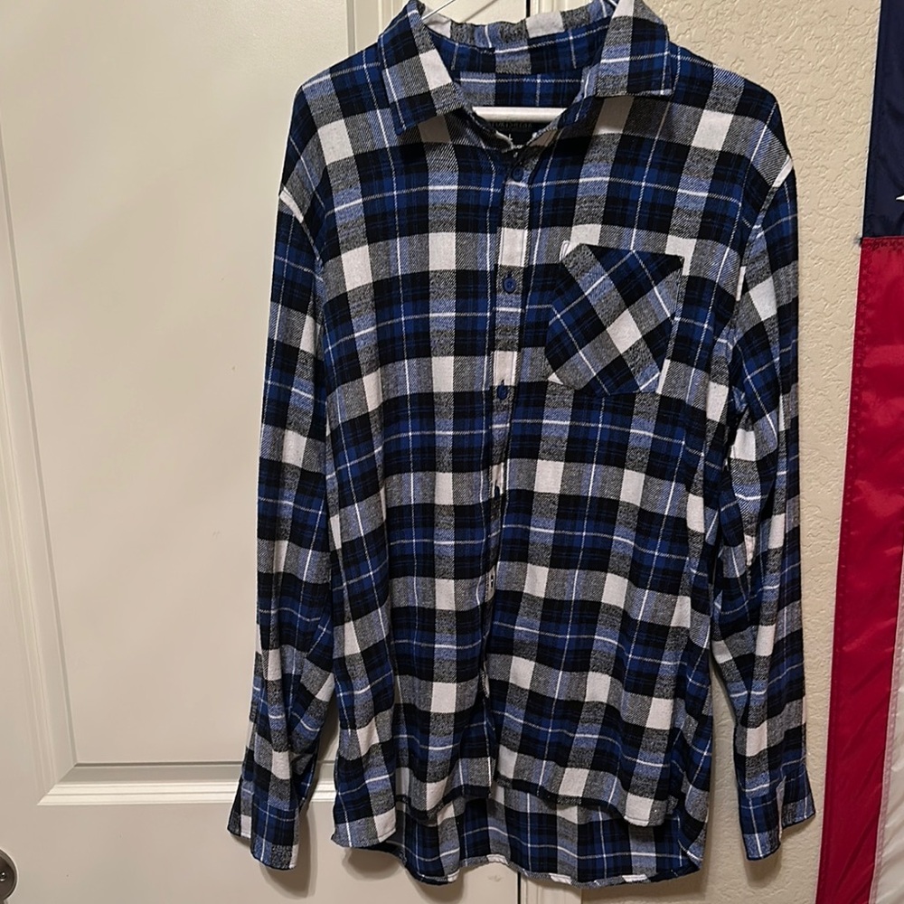 Plaid Button-Up Shirt - Blue and White